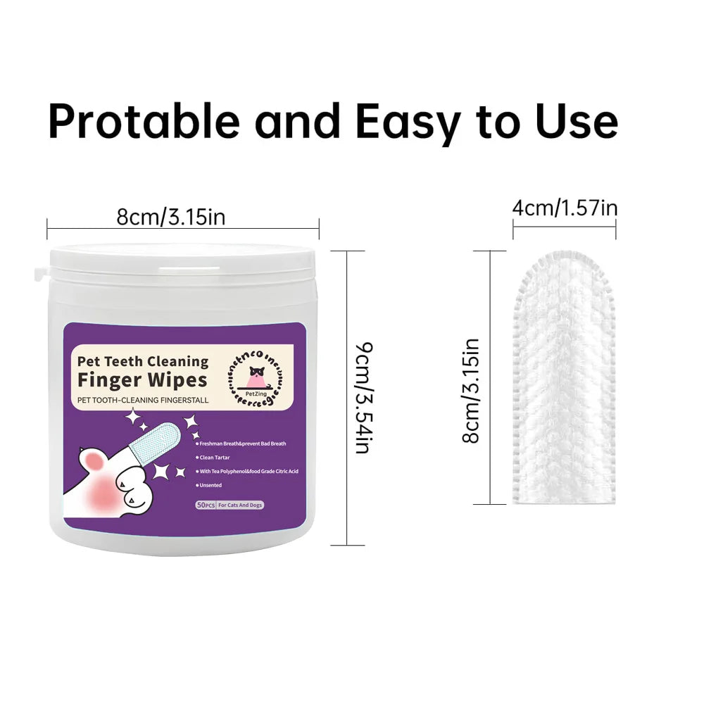 50pcs Teeth Cleaning Wipes for Dogs & Cats, Reduces Plaque & Freshens Breath Finger Wipes, Disposable