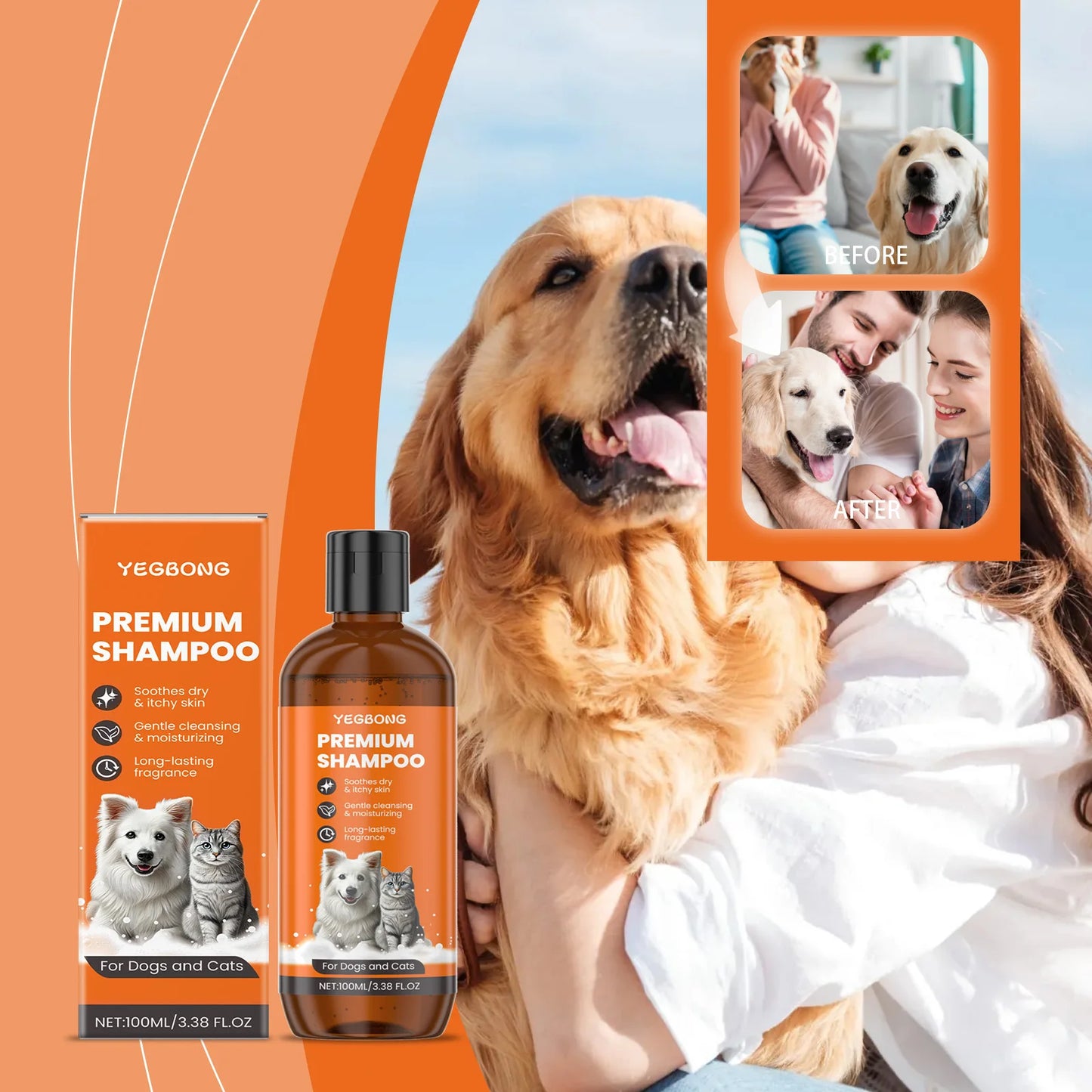 Natural Pet Shampoo for Dogs & Cats, Coconut Oil Derivative Formula