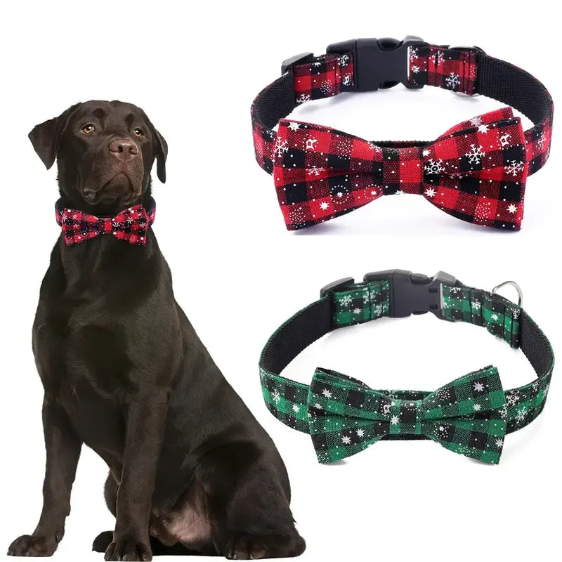 Dog Collar with Bow tie,Christmas Plaid Snowflake Collar with Adjustable Buckle Suitable for Small Large Dogs ,Cats