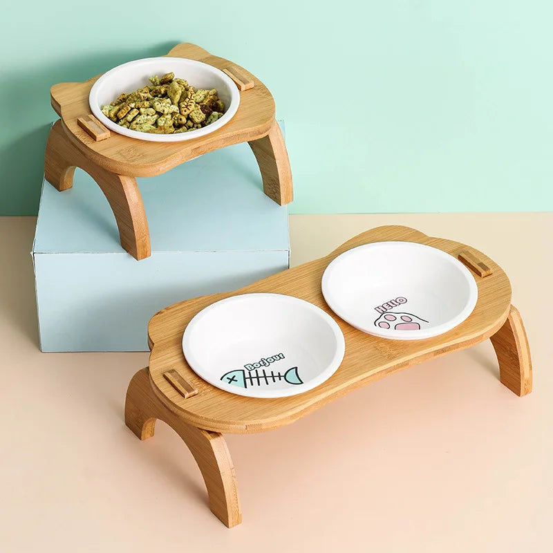 Raised Cat Bowls,Elevated Bamboo Food Bowls for Cat and Small Dog