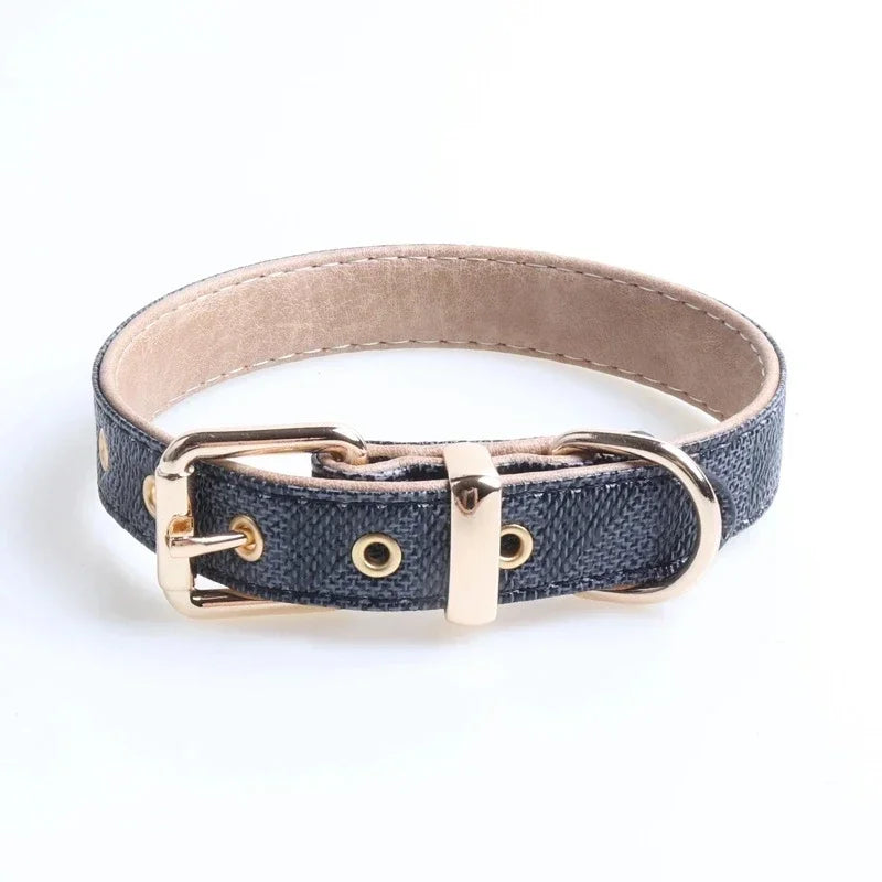 Dog Collar Luxury Designer Safe Adjustable Metal Button PU Leather Leash